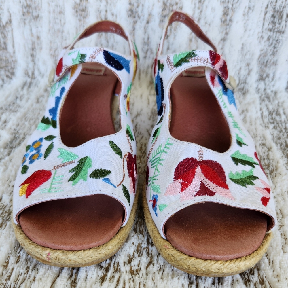 Camper Embroidered Canvas Espadrille Wedge Heel Sandal White Women's Size 6.5 7 - Picture 2 of 13